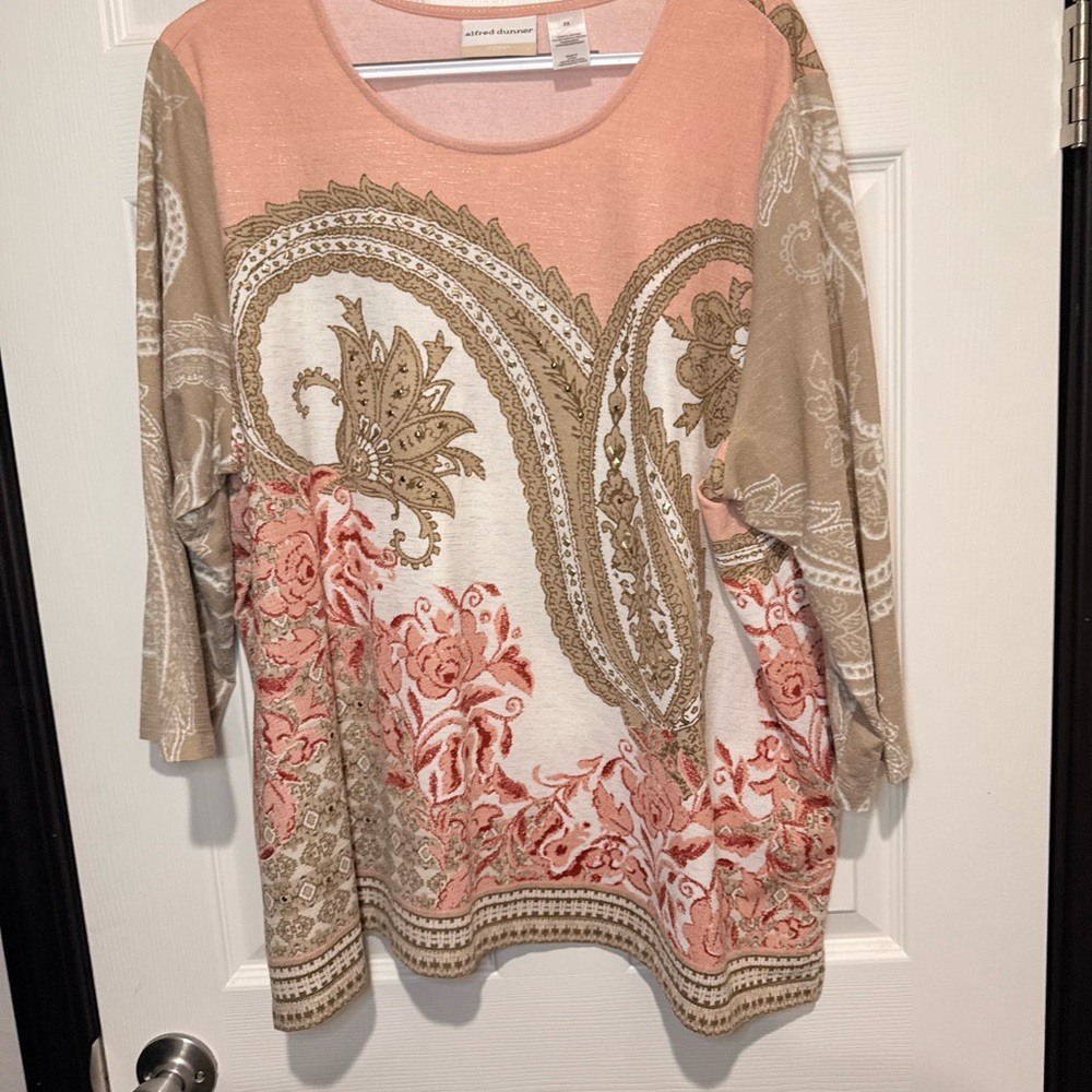 Alfred Dunner Women's Long Sleeve Paisley Top - Pink, Tan, and White